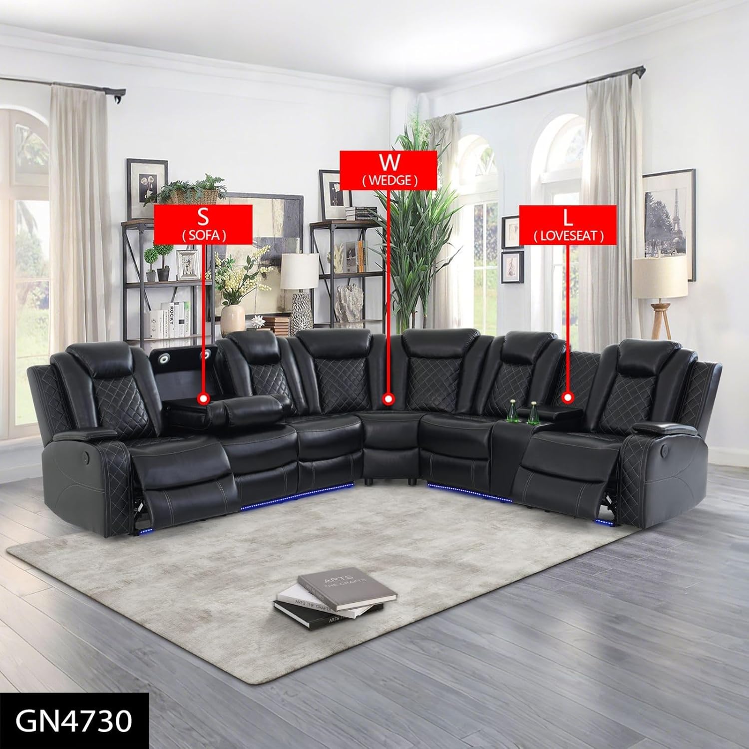 Intelligent Electric 3-Piece Sofa+loveseat+Wedge Recliner Sofa, Black Breathing Leather ，with USB Charging，backrest Tilts Back 110-115°Storage Bucket Armset, Cup-Holder, LED Lighting(S+L+W)