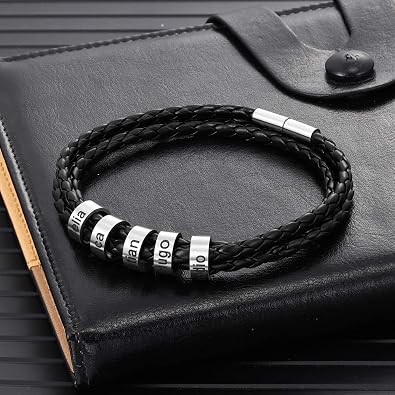 JewelOra Father's Day Gifts Dad Bracelet Personalized Bead Bracelet for Men Custom Name Bracelet for Father Leather Bracelet Fathers Day Jewelry Gifts for Men Husband Grandpa