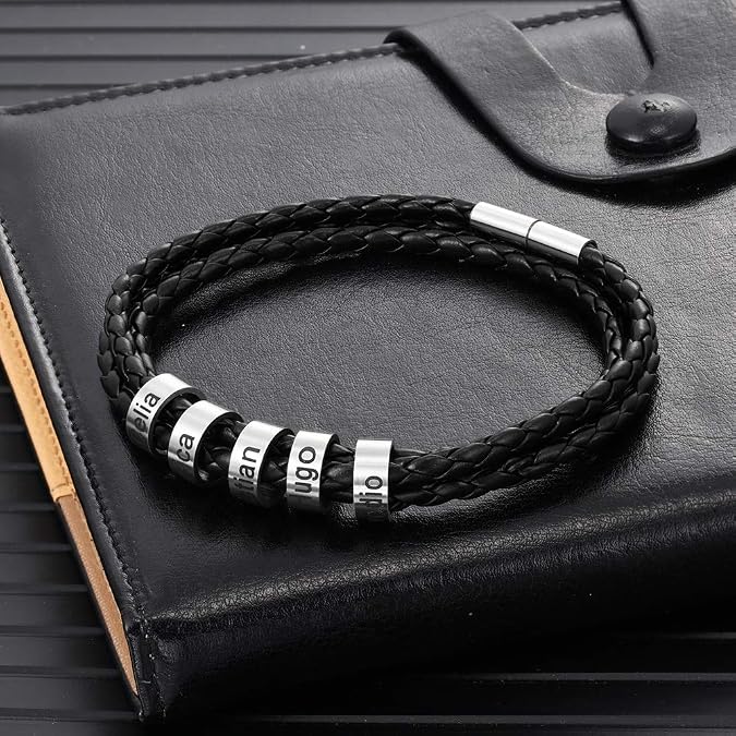 JewelOra Father's Day Gifts Dad Bracelet Personalized Bead Bracelet for Men Custom Name Bracelet for Father Leather Bracelet Fathers Day Jewelry Gifts for Men Husband Grandpa