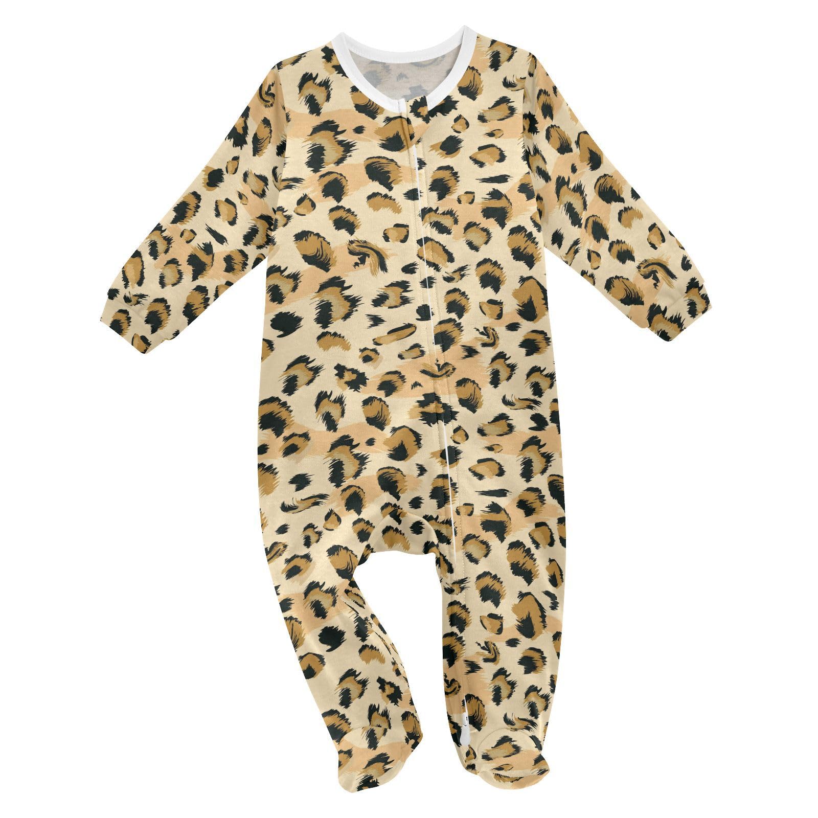 Dussdil Brown Beige Leopard Pattern Baby One-Piece Footies Newborn Rompers Pajamas Cotton Footed Pjs for Sleep Play Boys Girls 3M