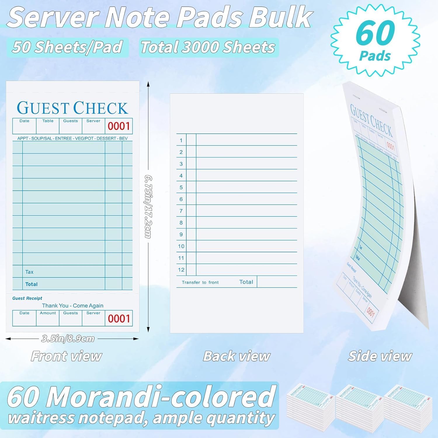 60 Pack Guest Check Books Bulk Server Note Pad Numbered Waitress Notepad, Total 3000 Sheets 3.5 x 6.75 Inch Blue Food Receipt Book, Server Order Paper for Bars Cafes Restaurant Food Trucks