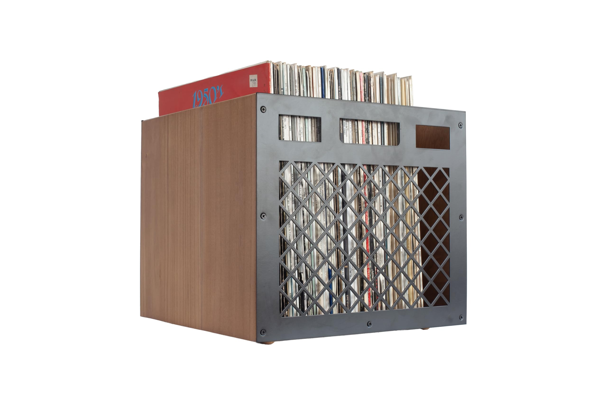 Organizador de Discos de Vinilo en Madera Maciza Nogal - Soporte de Mesa para 70 LPs - Mueble de Almacenamiento Estilo Clásico - Estantería Resistente con Acero al Carbono