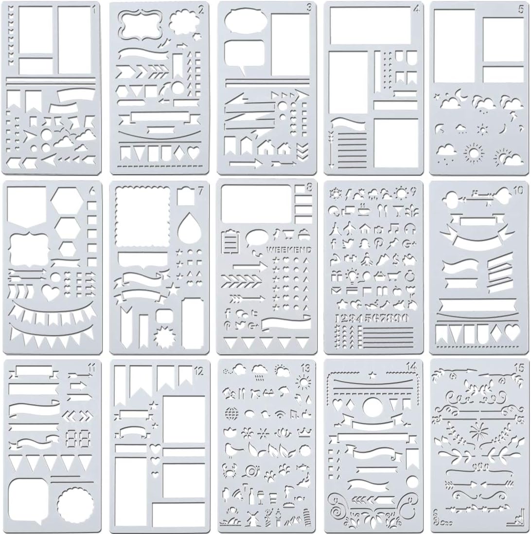 TEOYALL 42 Pcs Journal Planner Stencils Plastic Stencils with 12 Color Fineliner Pens DIY Stencils Set for Notebook Diary