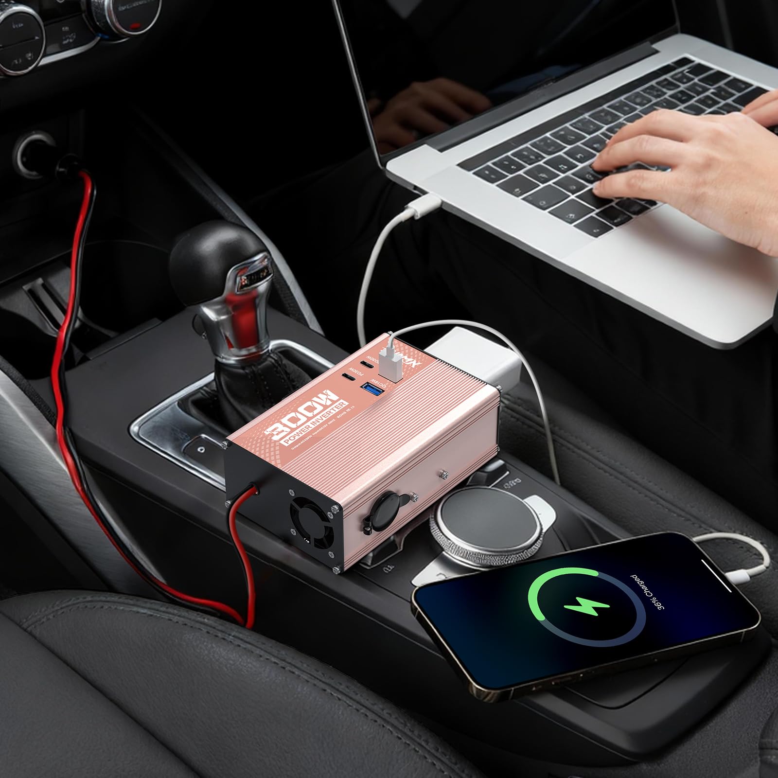 XWJNE 300W Inversor 12V a 220V, Convertidor para Coche con 1 Enchufe EU, 2 Puertos USB-A, 2 Puertos USB-C, Inversor de Corriente Onda Sinusoidal Modificada con Enchufe de Mechero y Protección Múltiple