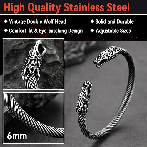 Vista 5 de FaithHeart Brazalete vikingo para hombres y mujeres, brazalete de acero inoxidable con diseño de alambre punk cuervolobodragón