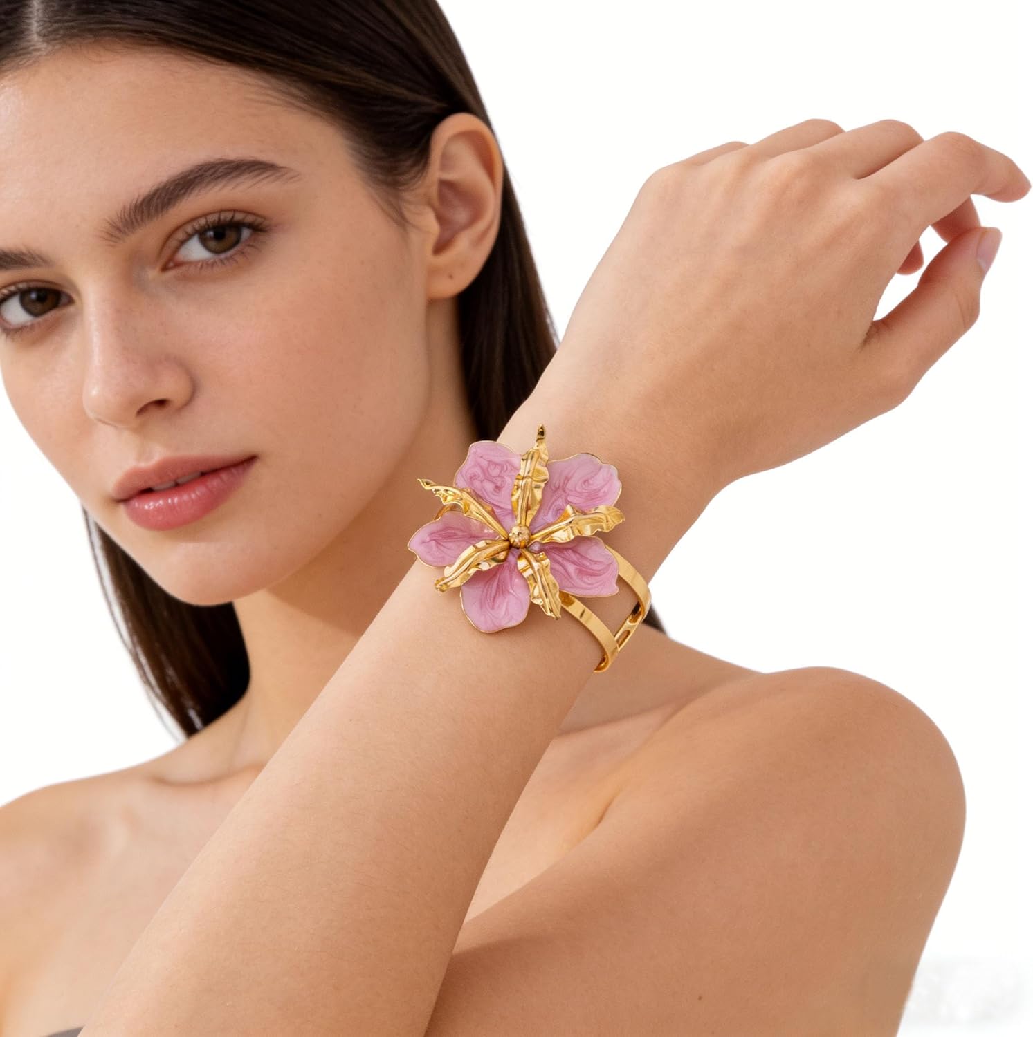 Colorful Flower Cuff Bracelet For Women Boho Drip Oil Large Floral Open Bracelet Dainty Adjustable Declaration Flowers Bracelet Fashion Vacation Jewelry Accessories for Women - Image 3