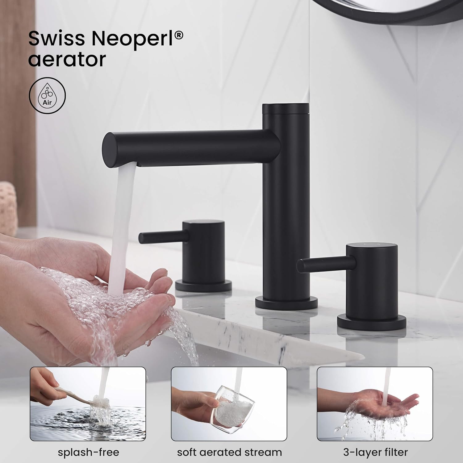 KIBI 2-Handle Widespread Matte Black Bathroom Sink Faucet with Drain Assembly | 3-Hole Solid Brass Lavatory Faucet | 8-Inch Spread, Smooth Water Flow, Corrosion-Resistant (KBF1025)