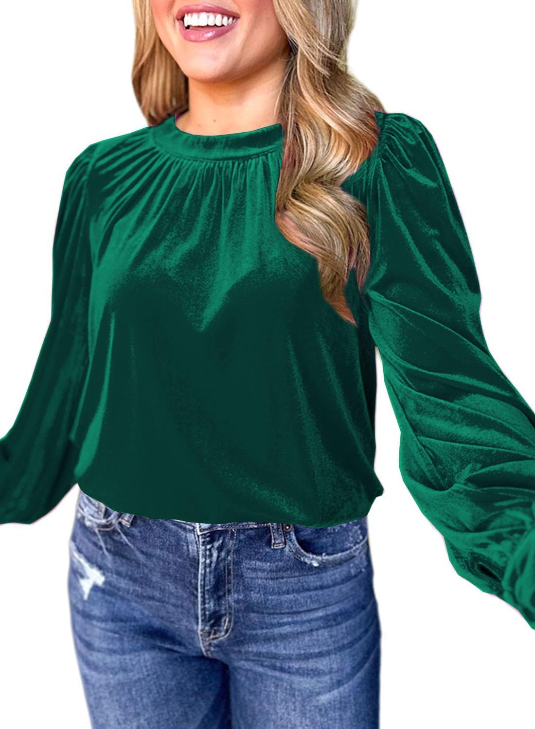 Womens Puff Long Sleeve Velvet Tops Fall Winter Trendy Dressy Cute Elegant Ruched Holiday Tunic Shirts - Image 2