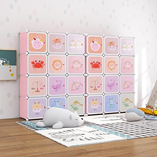 Miniatura 20 de HONEY JOY Armario para niños, organizador de almacenamiento de ropa de dibujos animados para bebés, 8 cubos y 2 secciones para colgar, armario