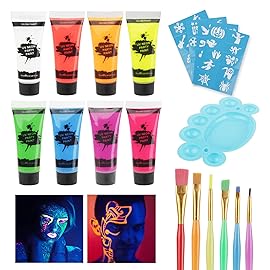 UV Blacklight Neon Face Body Paint, MEICOLY 8 Tubes Blacklight Reactive Paints,Water Based, Washable, Non-Toxic Neon Party Supplies for Halloween,02