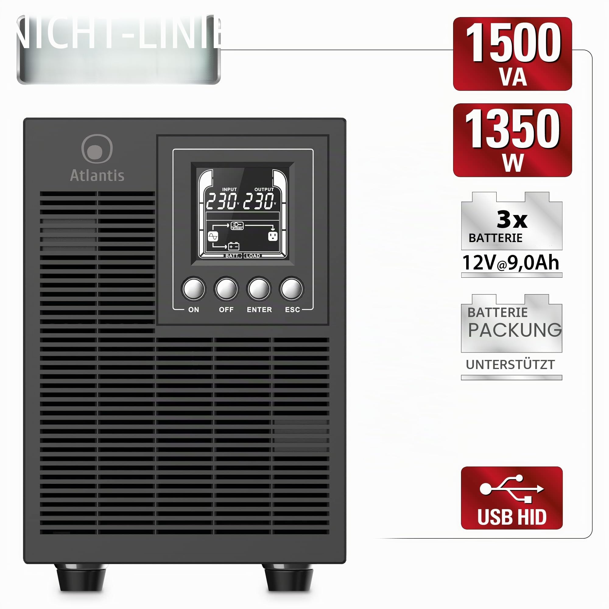 Atlantis Online-USV 1500 VA/1350 W mit Doppelwandler