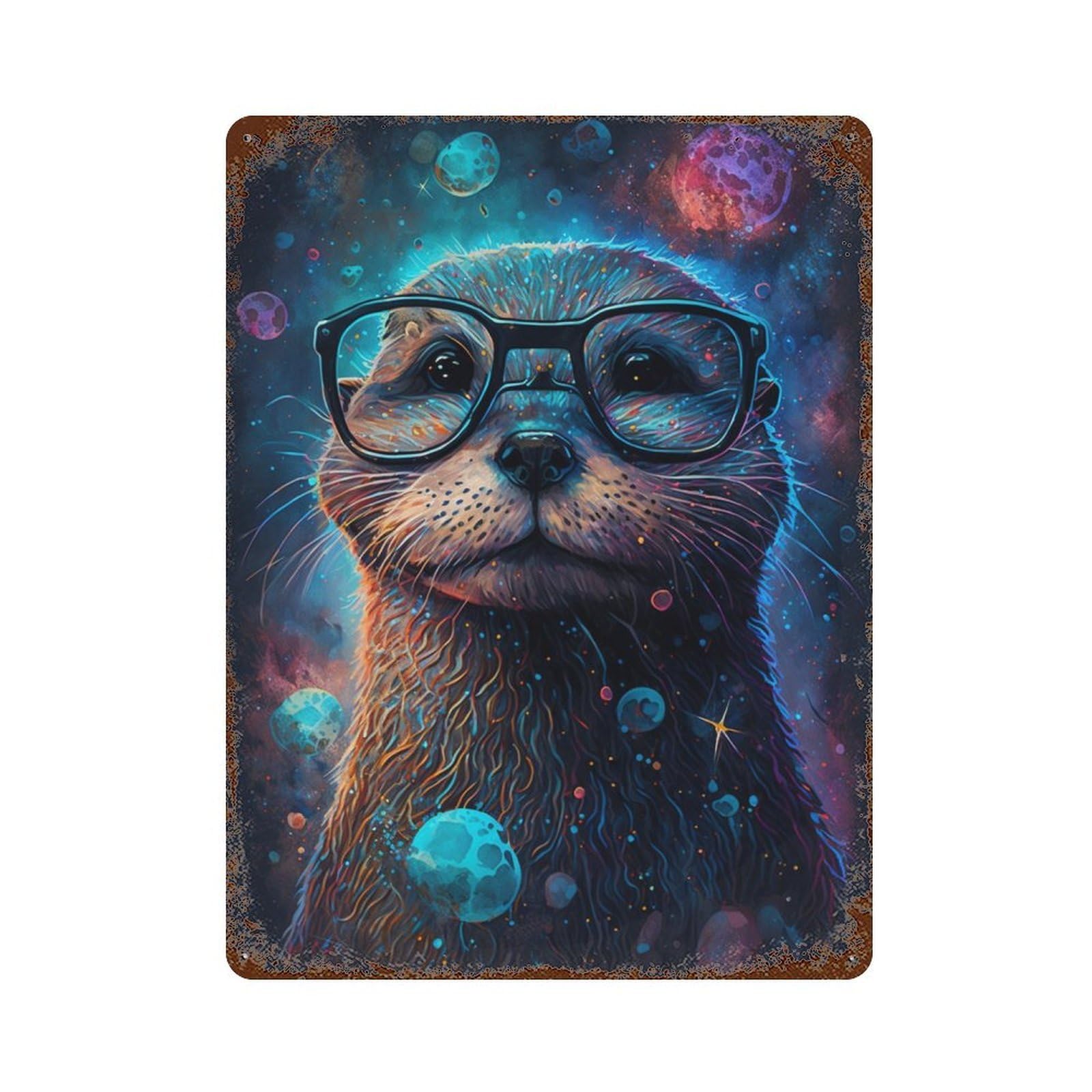 Space Otter Glasses Art Print Distressed Metal Wall Sign 15.7"x11.8", Ideal for Pub, Kitchen And Man Cave Decor