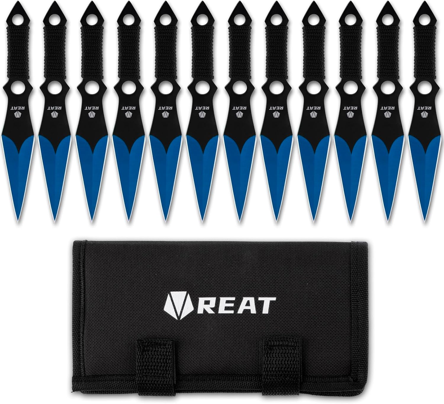 REAT Throwing Knives - 12 Piece, 6.5" 440 Stainless Steel with Cord-Wrapped Handle, Includes Nylon Carrying Case for Safe Storage,Ninja Kunai Knives for Competition,Recreation,Gifts for Men,Women (Blue)