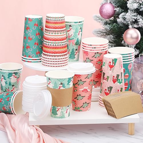 Miniatura 9 de Zhehao 90 unidades30 juegos de tazas de café de papel de Navidad con tapas y fundas desechables de cacao caliente para fiestas de chocolate caliente