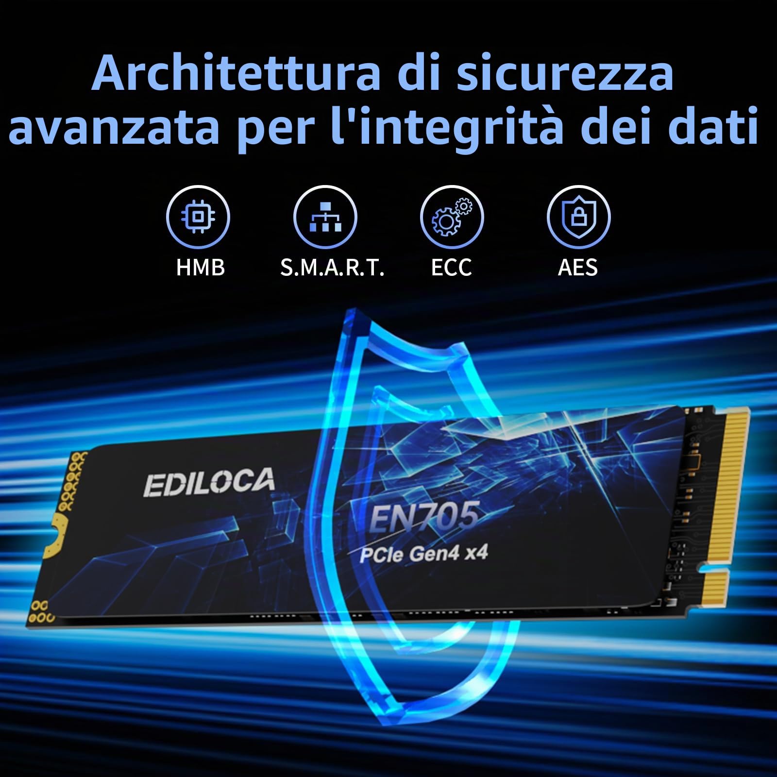 Ediloca EN705 SSD 4TB PCIe Gen4, NVMe M.2 2280, 3D NAND QLC, fino a 5000 MB/s, unità a stato solido interna, cache SLC dinamica, compatibile con PS5, laptop e PC desktop