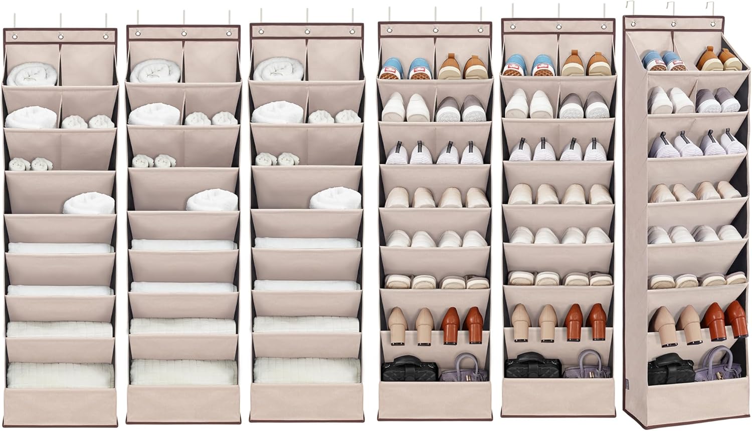 6 Pack Shoe Organizer with 6 Extra Large Pockets and 4 Large Pocket, Over the Door Sturdy Closet Storage Rack, Hanging Shoe Organizer for Shoes, Sneakers, Beige