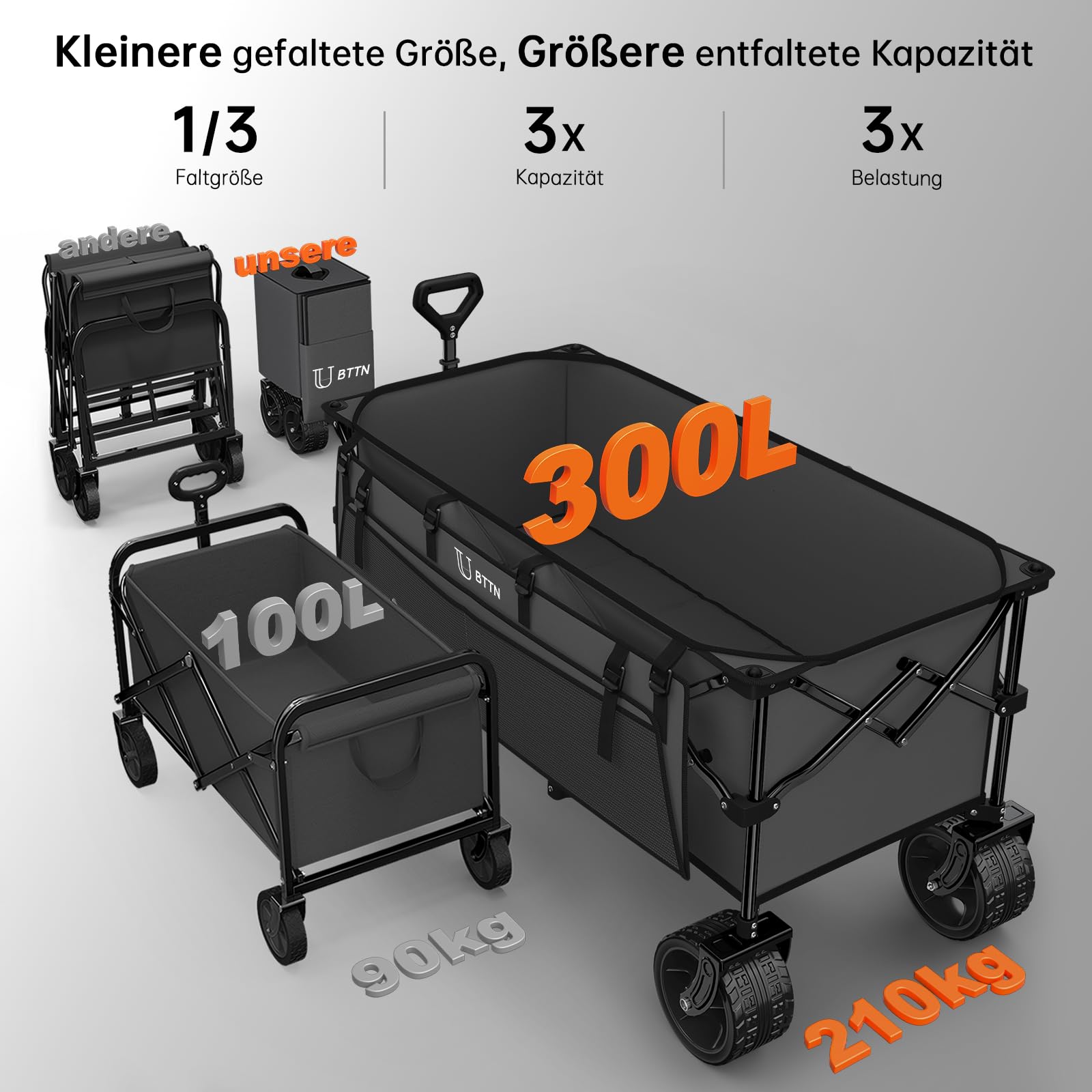 BTTN XXXL - Carro plegable (300 L, frenos y todo terreno), color gris