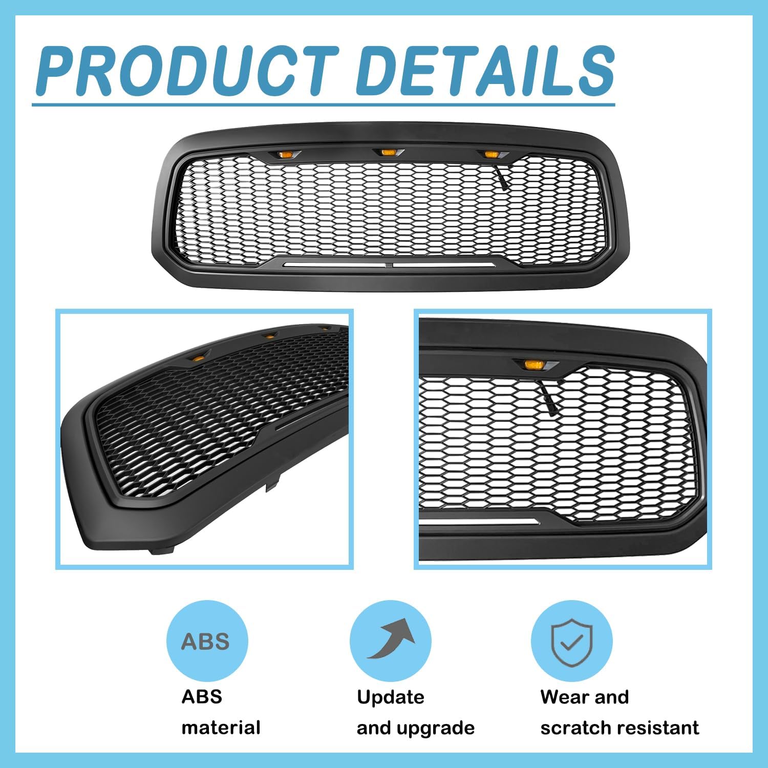 Front Bumper Grille For Dodge Ram 1500 2013-2018 Matte Black ABS Honeycomb Bumper Grill with Amber LED Lights