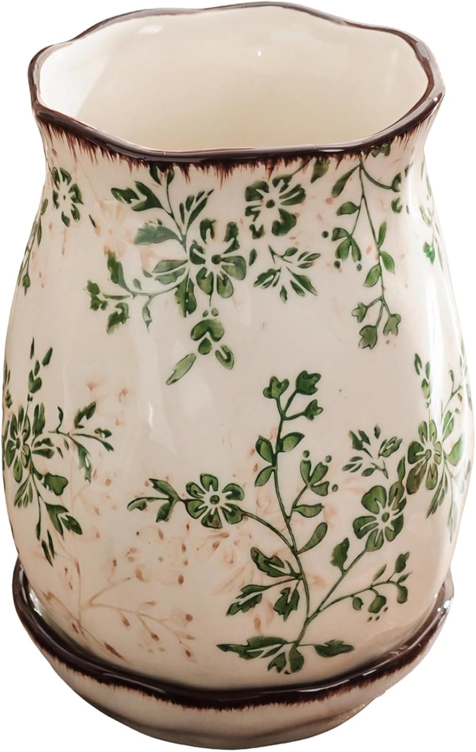 Ceramic Utensil Holder with Floral Design, Countertop Chopstick Organizer, Farmhouse Style, White and Green, Vintage Kitchen Decoration