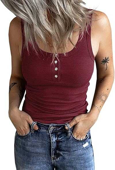 Fessceruna Damen Tops Sexy U-Ausschnitt Tank top Ärmellos Sommer Oberteile Gerippt Camisole mit Knöpfen