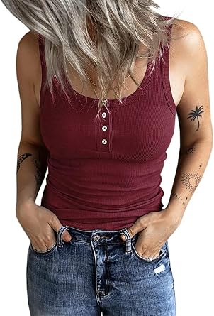 Fessceruna Damen Tops Sexy U-Ausschnitt Tank top Ärmellos Sommer Oberteile Gerippt Camisole mit Knöpfen