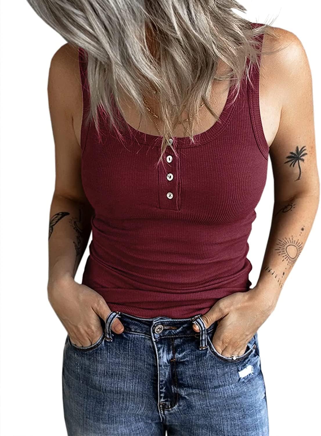 Fessceruna Damen Tops Sexy Tanktop Ärmellos Sommer Oberteil | U-Ausschnitt, Einfarbig, Gerippt Sommertop, Camisole Shirt mit Knöpfen, Elegant Träger-Tops
