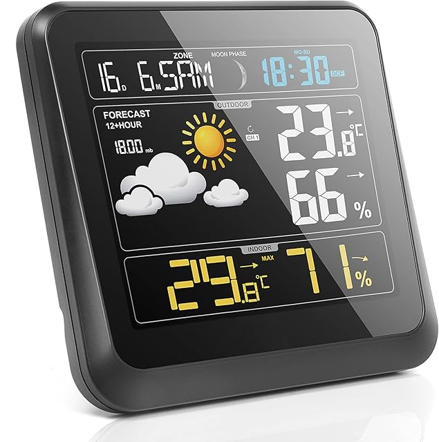 JJKPSD Weather Station with Wireless Outdoor Indoor Sensor, Digital Alarm Clock, with Alert/Barometer/Temperature Thermometer/Humidity/Moon Phase/Weather Forecast, LCD Coulor Display for Home Garden