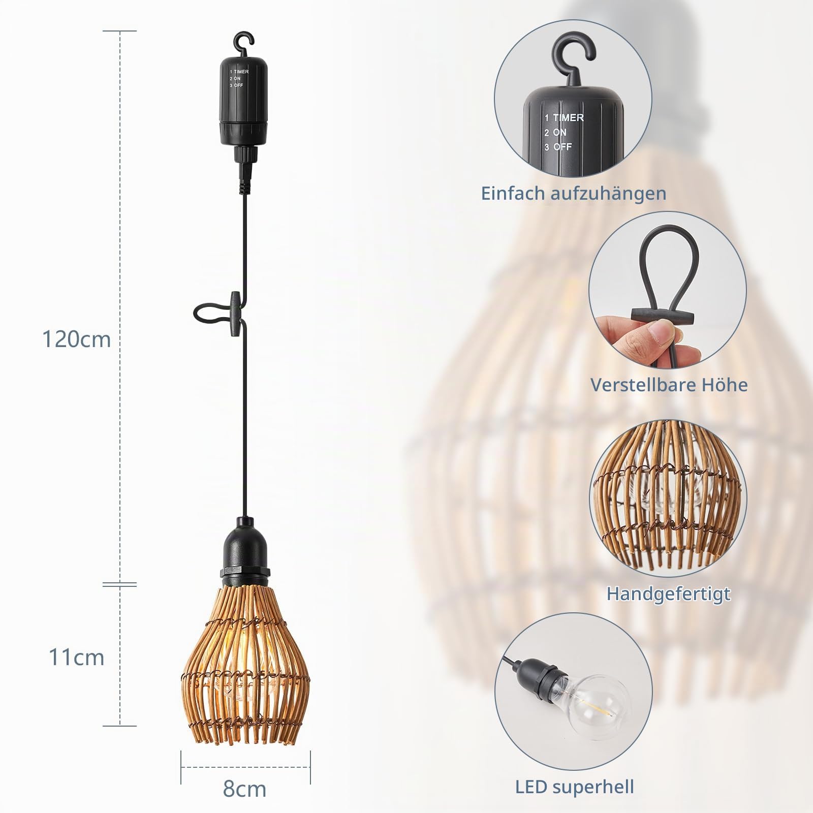3er Pack Hängelampe Outdoor Akku, Boho Rattan Hängelampe mit Batterie Außen Wasserdicht Hängeleuchte Mit Fernbedienung Dimmbar Pendelleuchte ohne Strom für Zelt, Camping, Garten, Dekorative