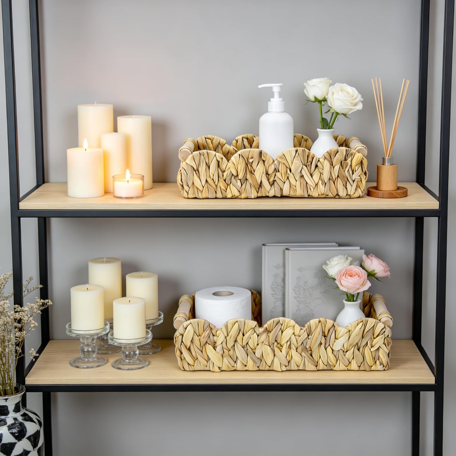 Decorative Toilet Paper Storage Basket, Modern Farmhouse Home Decor Scalloped Basket for Organizing, Pantry Baskets for Shelves, Countertop, Living Room, Wood Handles, Natural Water Hyacinth (2pack）
