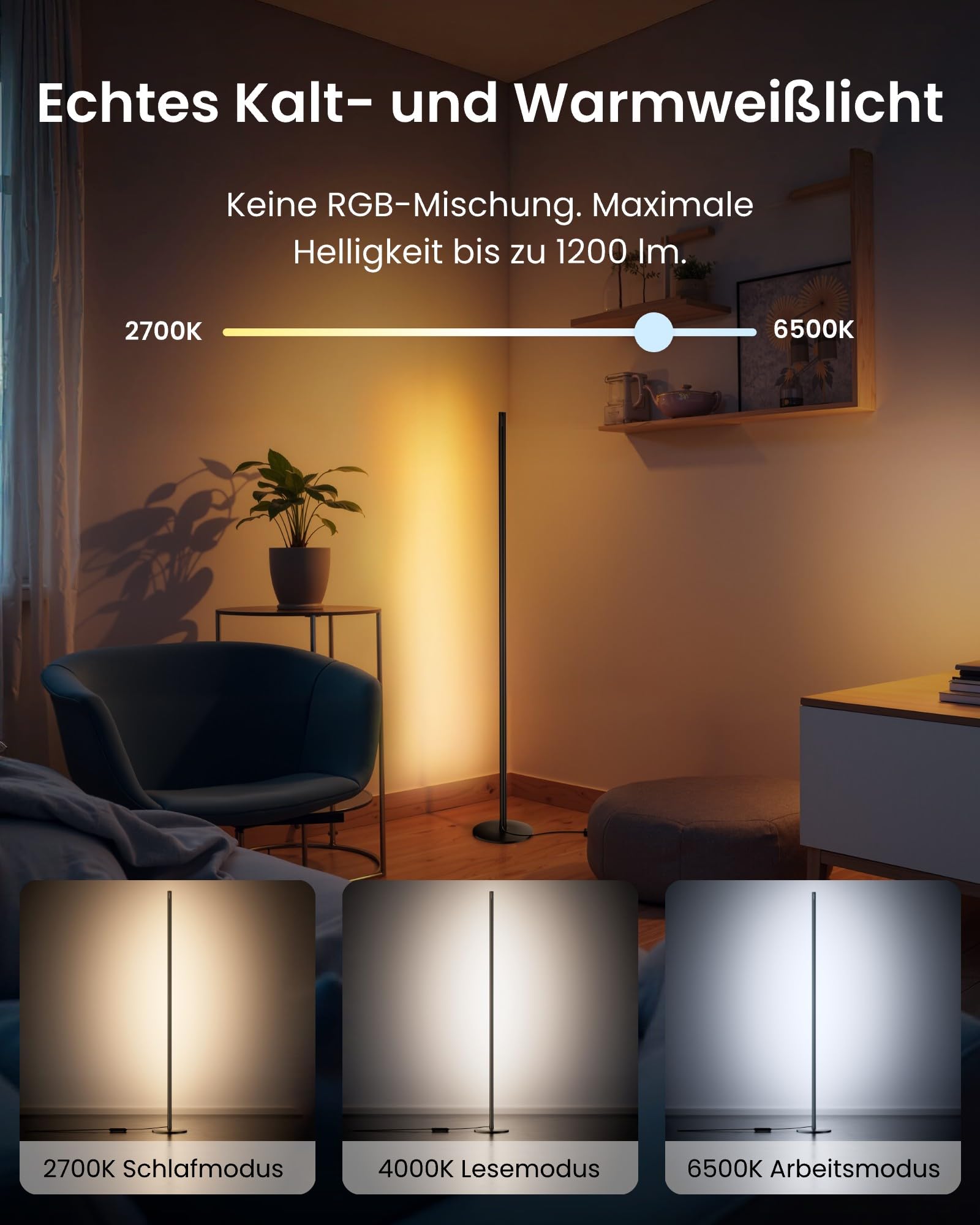 SwitchBot Matter RGBICWW Stehlampe Wohnzimmer, Warm- & Kaltweiß, Floor Lamp Dimmbar mit Apple Home, Alexa, Google Home, APP-Steuerung, Musikmodi, Szenenmodi, LED Stehlampe Schwarz für Schlafzimmer