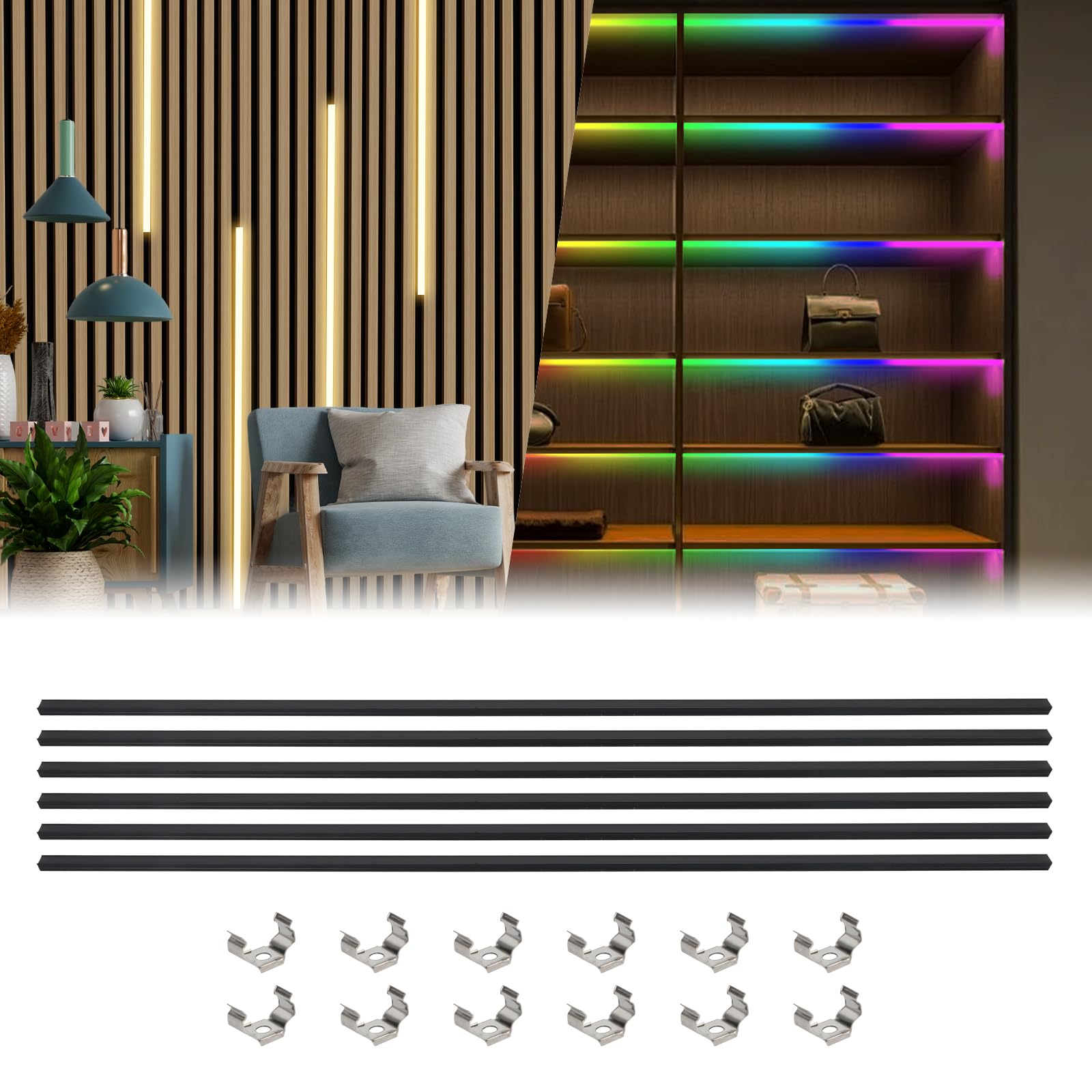 Perfil de aluminio LED, 6 × 1 m, canal en forma de U, 12 × 10 mm, para paneles acústicos con clips de montaje, tiras negras, difusor de canal, resistente al agua, cubierta para luces de neón