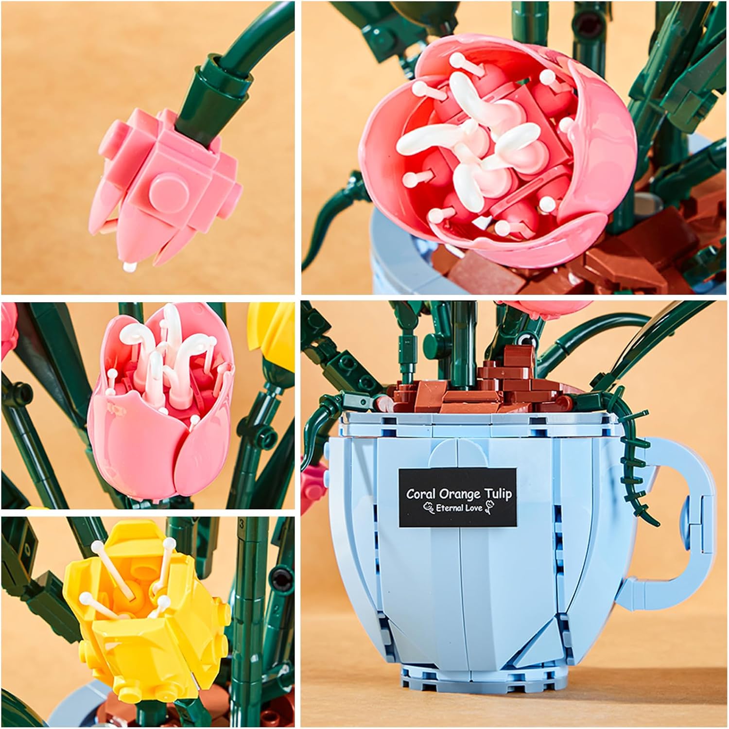 HJPLPXH Tulip Flower Building Blocks Set with LED Light in Teacup Vase, Pink & Yellow Artificial Flowers Building Set in Blue Cup, Table Centerpiece Gift for Girlfriend, Valentine's Day, Mother's Day
