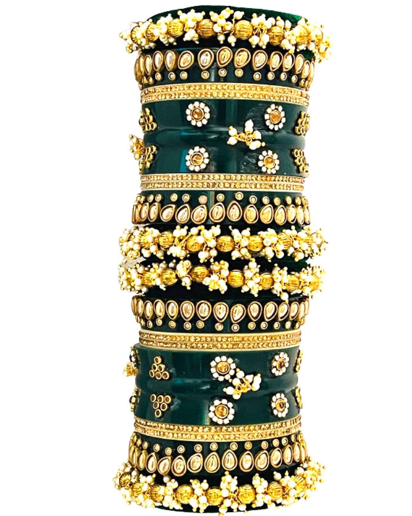 THE OPAL FACTORY Acrylic Bridal Bangles Set Gold Plated Punjabi Chuda Set For Wedding With Kundan Minakari And Stone Work For Women And Girls (Green, 2.80)