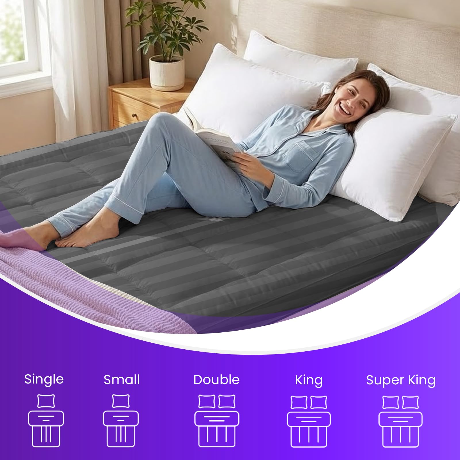 Linens World Mattress Topper Double Bed 10cm Thick, Quilted Super Soft Microfiber Topper, 1200GSM Anti-Allergy Fiber Fill, Washable with Strong Elastic Straps for Extra Comfort (137×190cm) — view 32