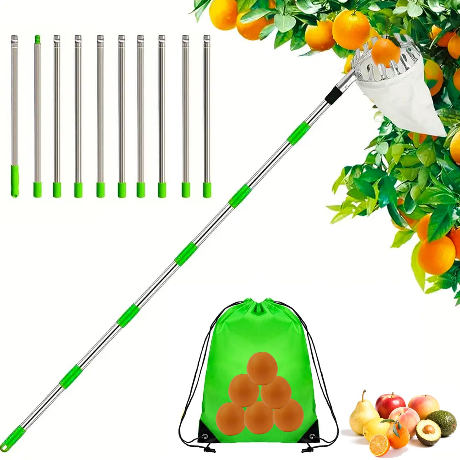 Ompinda Fruit Picker, 4M Long Adjustable Stainless Steel Fruit Picking Tool with Fabric Bag for Apples/Pear/Orange/Mango/Red DatesFruit Picking