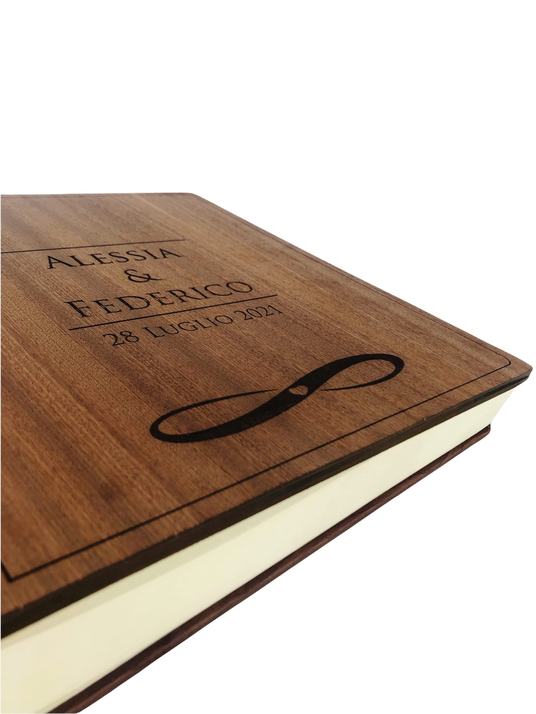 Álbum de Fotos en Fina Piel Sintética Efecto Madera, con Aplicación de Madera Personalizable Ideal para Bautismo, Boda, Comunión y foto recuerdo.