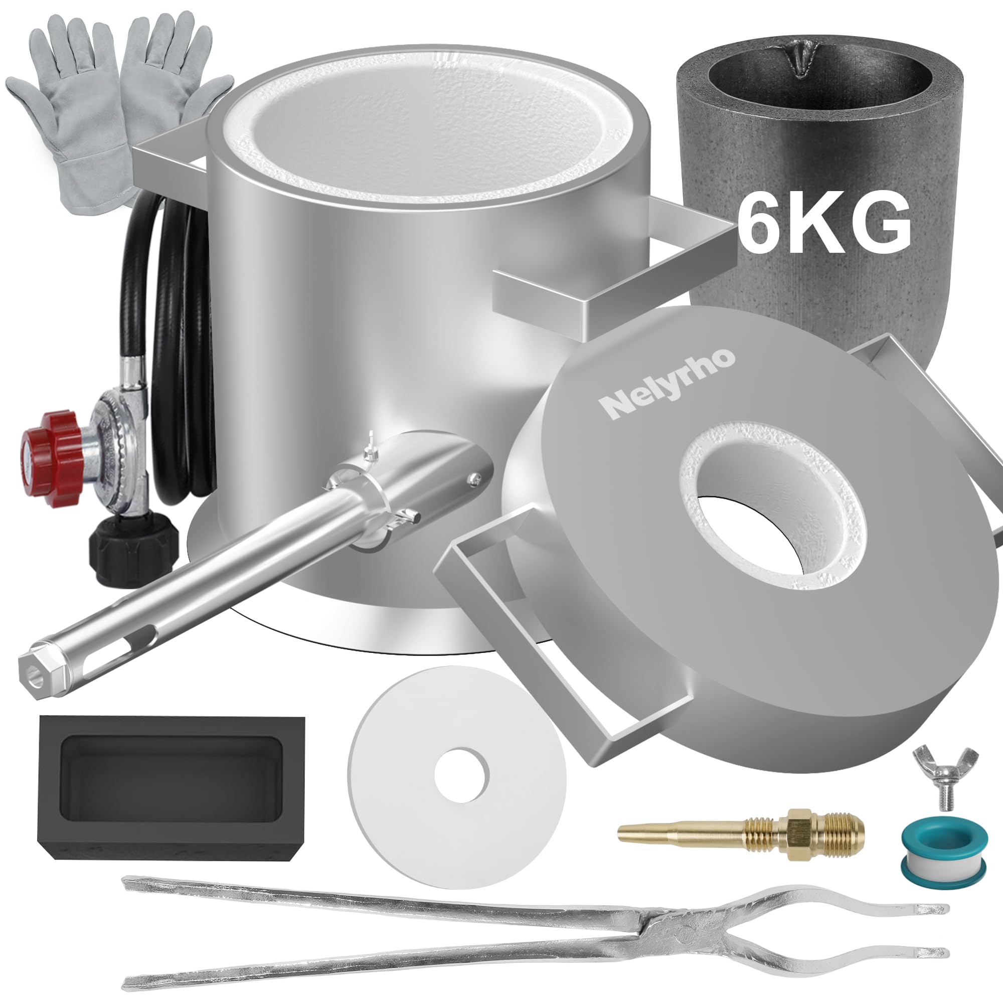 Nelyrho Schmelzofen-Set, 6 kg, Edelstahl-Gießerei mit Tiegel, Tiegelzange, Handschuhen, ideal zum Schmelzen von Gold, Silber, Kupfer und Aluminium, Metall-Recycling-Gusswerkzeug