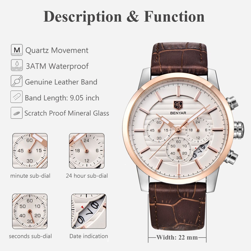 BENYAR Reloj de Pulsera de Cuarzo para Hombres con cronógrafo, Resistente al Agua, diseño de Negocios y Deporte, Correa de Piel…