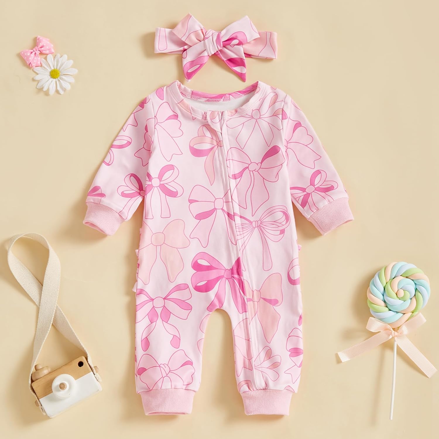 Qiylii Baby Girl Tie Bow Zip-Up Pajamas Romper One-Piece Footies Jumpsuit Sleeper Ruffle Onesie Infant Sleepwear Headband - Image 7