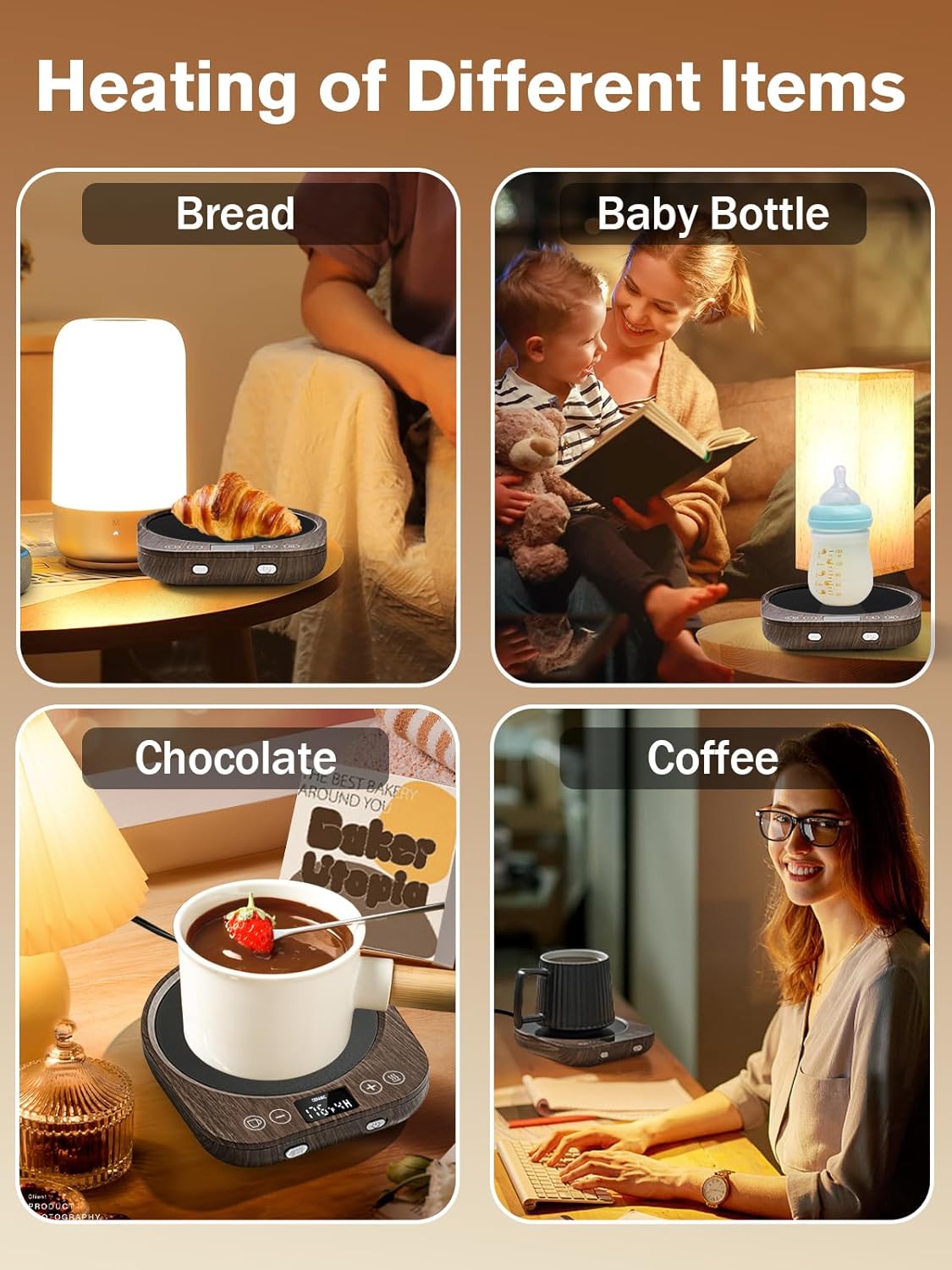 A hand placing a glass teapot on the PUSEE W2 warmer, illustrating the gravity induction switch feature.