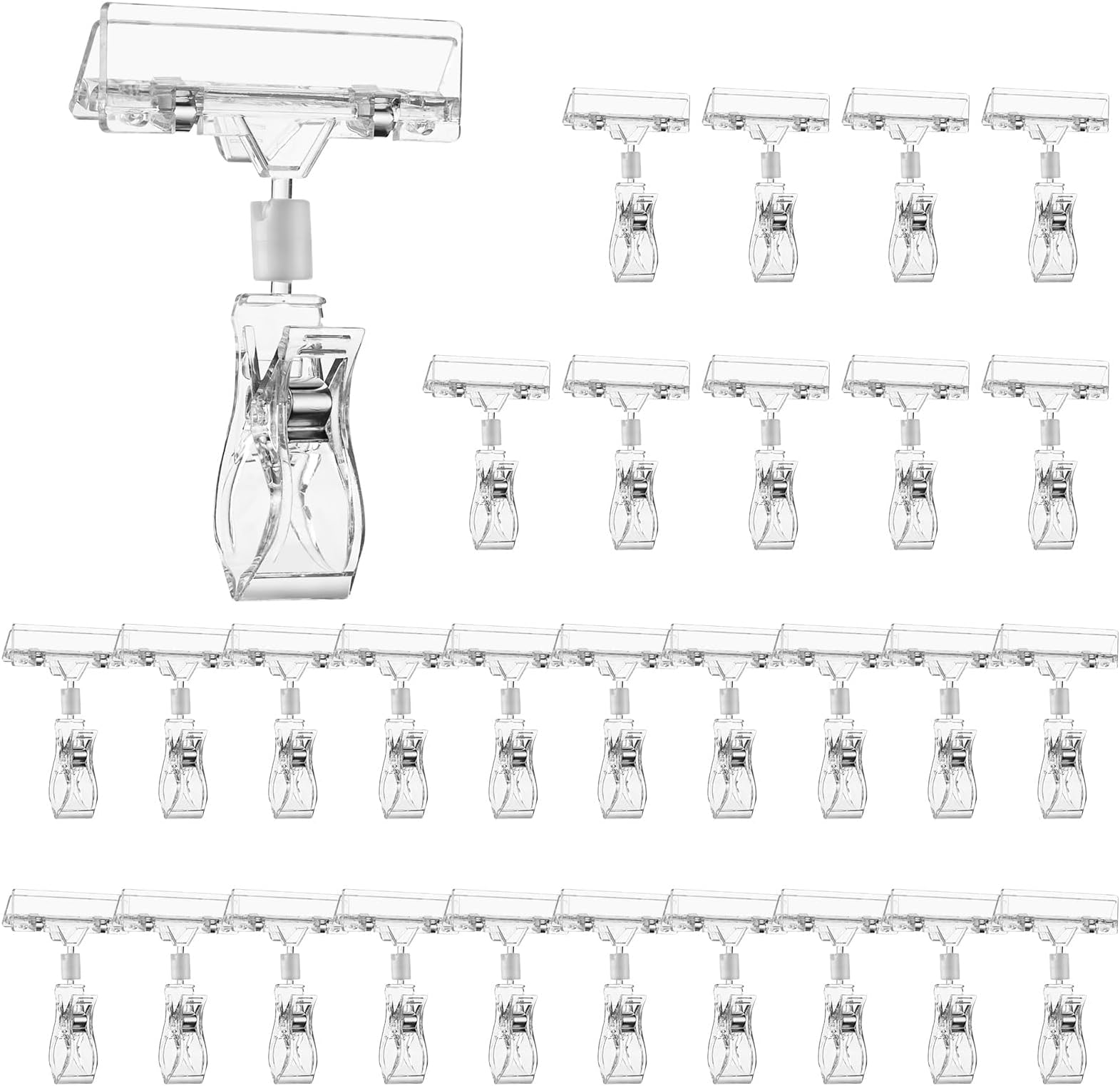 30 PCS Double Sided Clips Clear Sign Clips for Merchandise Display, Acrylic Price Tag Sign Holders on Clothing Rack, Rotatable Pop Clamps for Sale Retail Display
