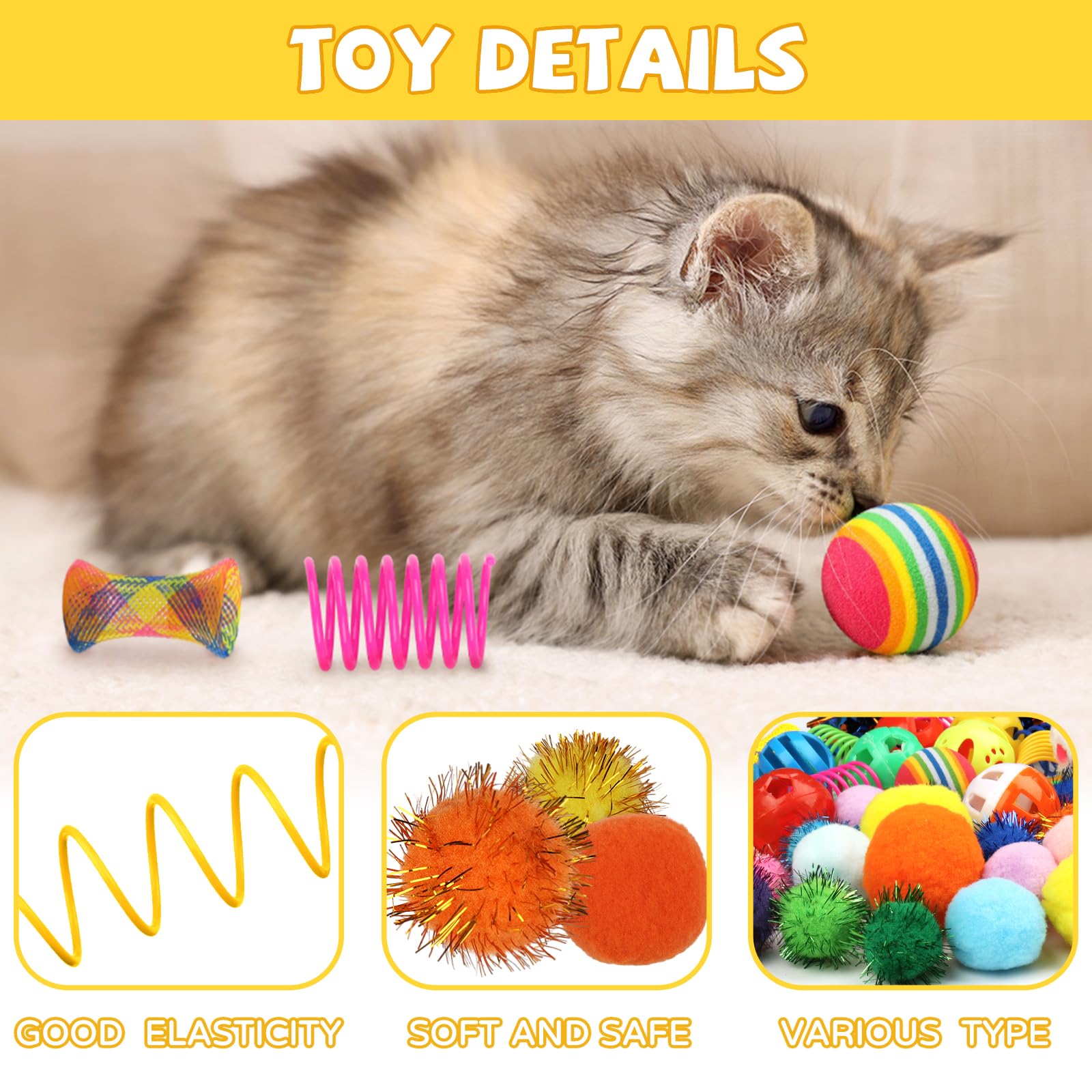 QUOZUO Juego interactivo para gatos, 60 resortes, bolas brillantes, juguetes de ratón, bolas arrugadas y pompones para gatitos