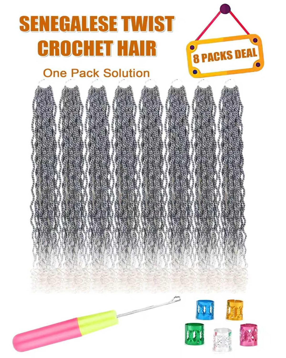 Grey Crochet Hair for Black Women 24 Inch Senegalese Twist Crochet Braids with Curly Ends 8 Packs Kinky Twist Braiding Hair Pre Looped 2 Strand Rope Twists (Tgrey)