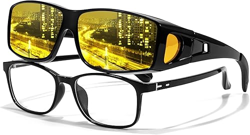 LVIOE Gafas de visión nocturna envolventes, se ajustan sobre gafas graduadas con lentes amarillas polarizadas para conducir nocturno