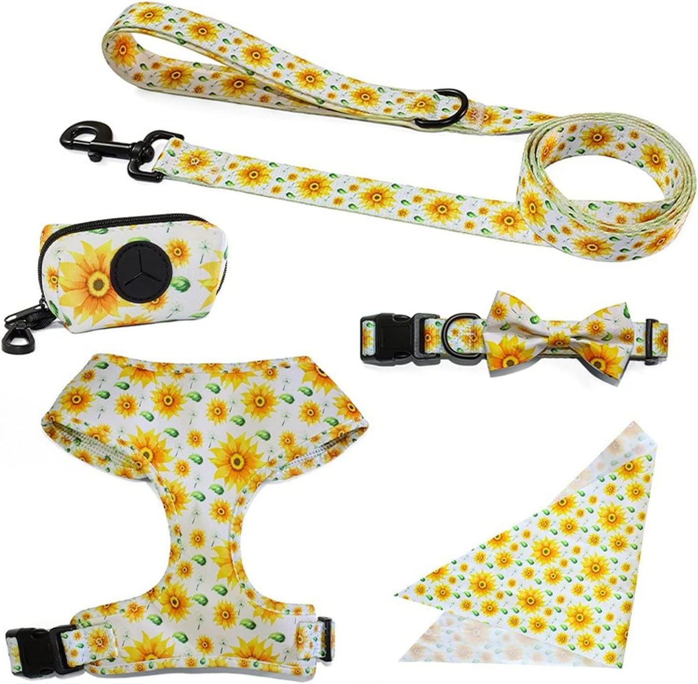 Dog Harness Leash Set Adjustable Collar for Daily Dogs Outdoor Walking Running Training Pet Vest Harness & Leash& Bag,Harness Set for Small Medium & Large Dogs (X-Small,Sunflower)