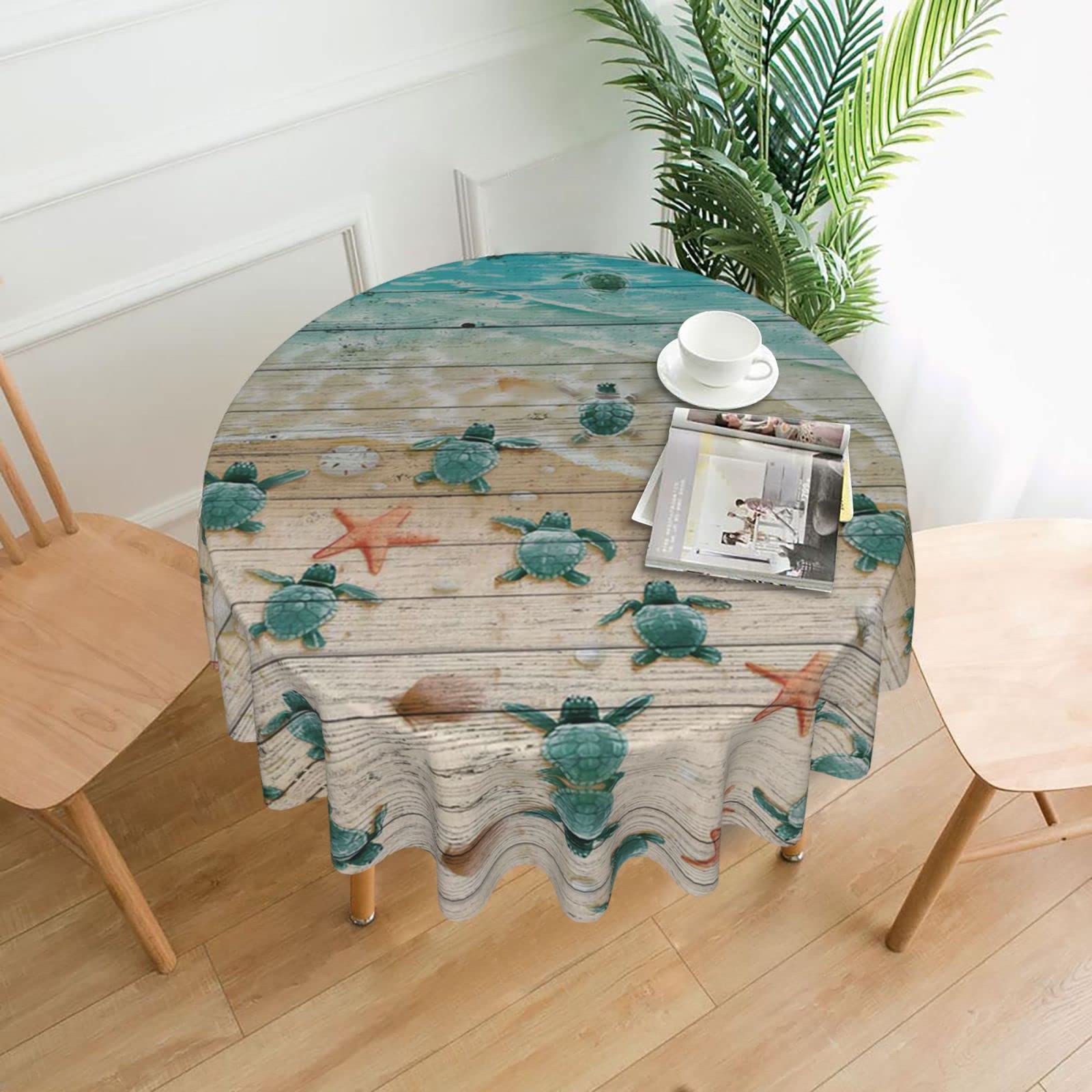Lawenp Sea Turtle Starfish Decorative Round Table Cloths - 60 Inches in Diameter for Buffet Tables, Parties, Holiday Dinners.