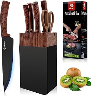 Set facas de cozinha profissional conjunto de 7 peças com suporte de madeira - aço inoxidável alemão 58HRC, alças ergonómicas antiderrapantes, para café e uso doméstico