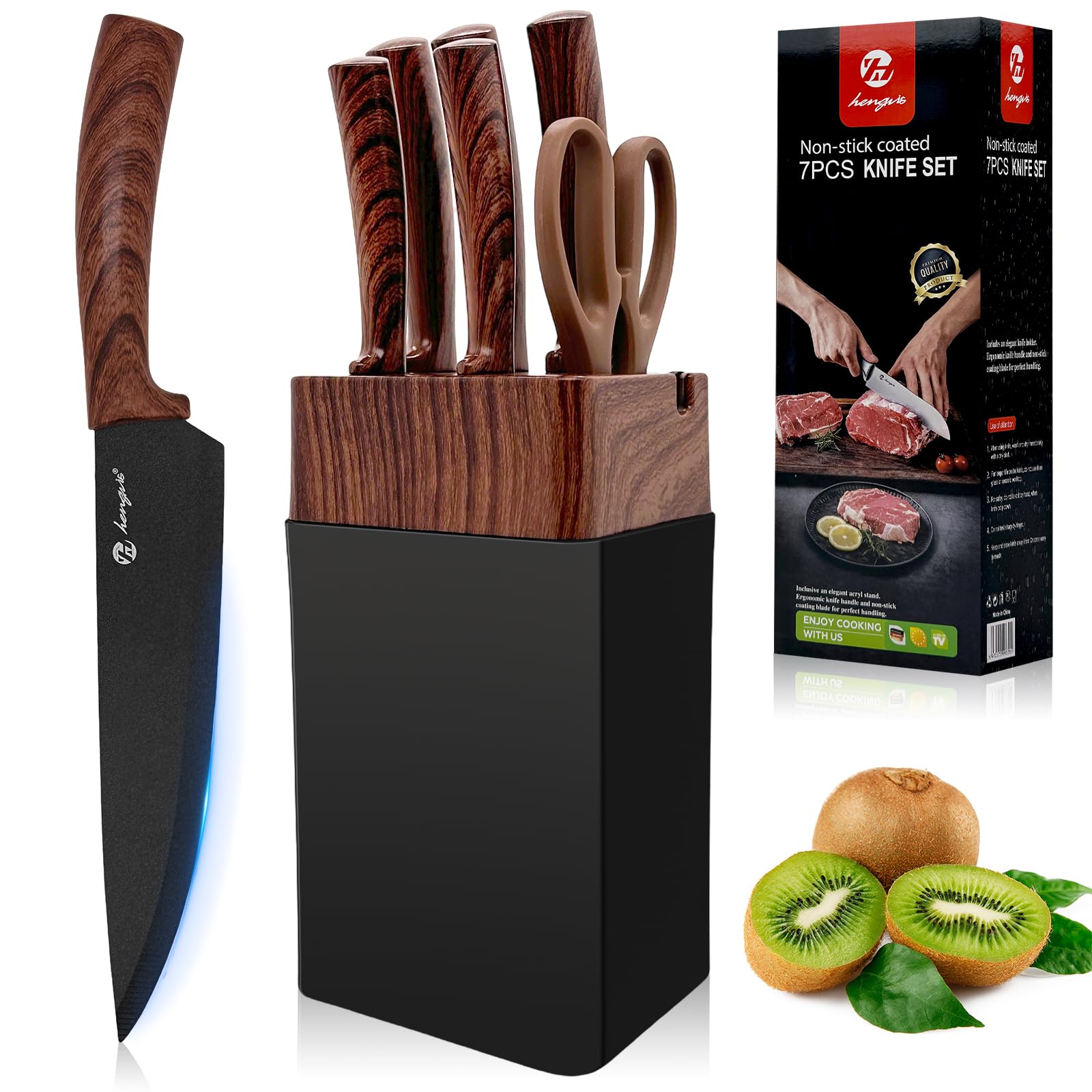 Set Cuchillos Cocina Profesional Juego de 7 Piezas con Soporte de Madera - Acero Inoxidable Alemán 58HRC | Mangos Ergonómicos Antideslizantes | Para Chef y Uso Doméstico