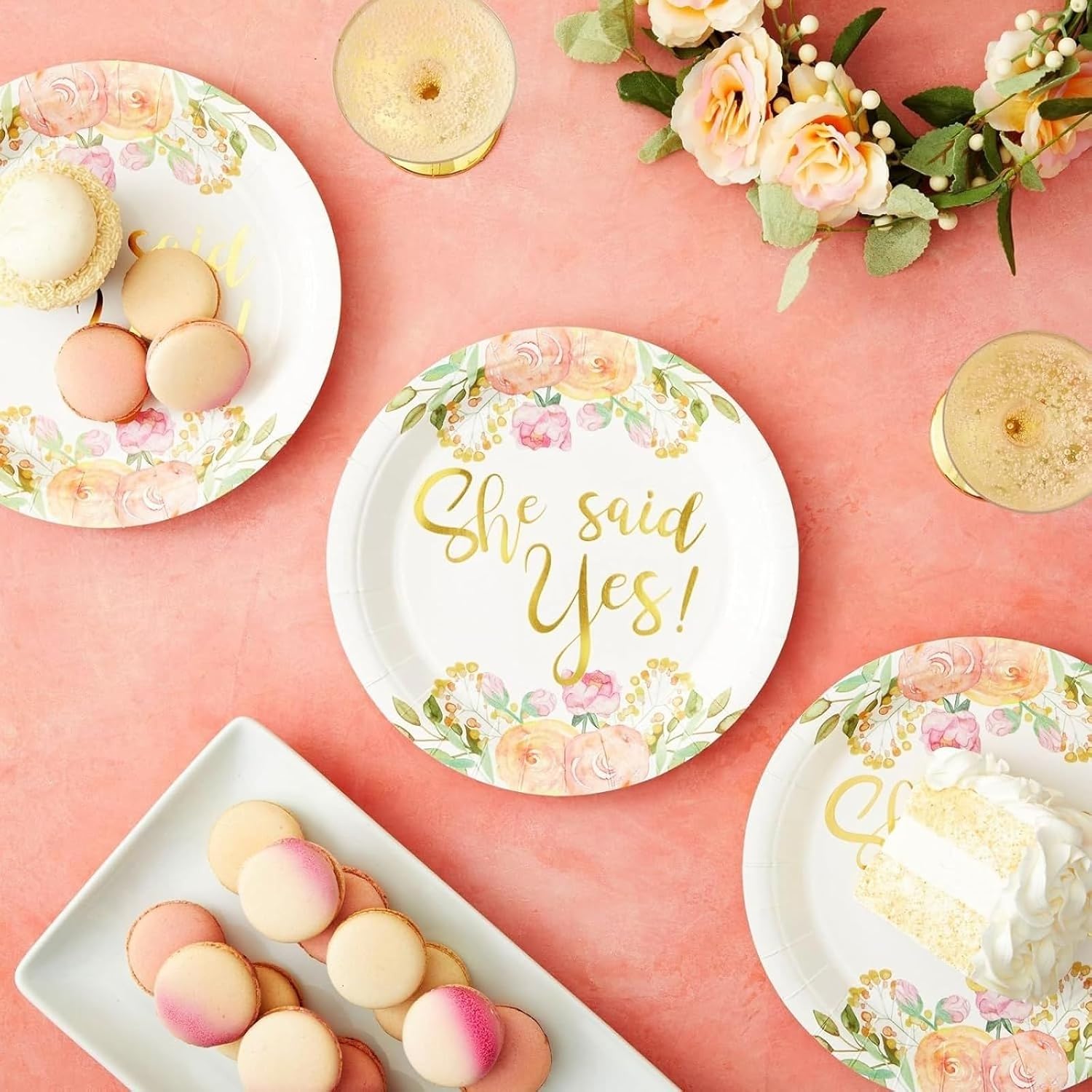 Sparkle and Bash Gold Foil Paper Plates - 9 Inch, White & Gold, 48 Count - She Said Yes Engagement Cake Plates & Floral Bridal Shower Party Pack (Pack of 2)