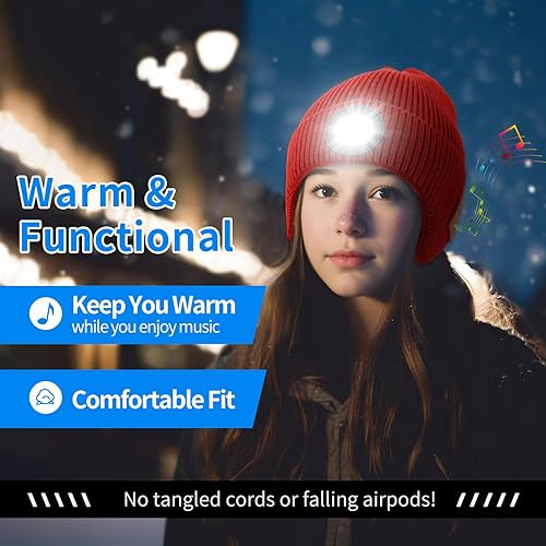 Miniatura 2 de Gorro Bluetooth con luz LED para niños, micrófono integrado y altavoces estéreo, gorro de punto con música recargable por USB (negro, niño)